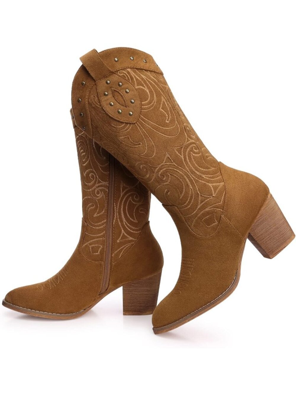 Women's Western Pointed Toe Chunky Heel Suede Embroidered Mid Calf Boot Brown